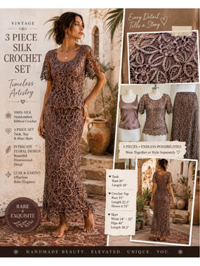 Vintage 3 Pc Silk Crochet Ribbon Lace Maxi Skirt Set Brown Boho Eveningwear S